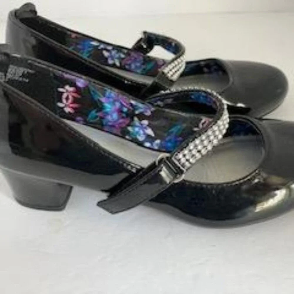 George Girls sz 2 Patent Leather & Rhinestone Low Heel Mary Jane Formal Shoes